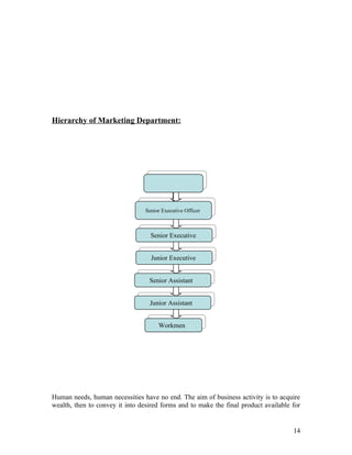 Hierarchy of Marketing Department:




                                 Senior Executive Officer



                                   Senior Executive


                                   Junior Executive


                                  Senior Assistant


                                  Junior Assistant


                                      Workmen




Human needs, human necessities have no end. The aim of business activity is to acquire
wealth, then to convey it into desired forms and to make the final product available for


                                                                                     14
 