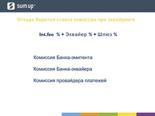 Откуда берется ставка комиссии при эквайринге
Int.fee % + % + %Эквайер Шлюз
-Комиссия Банка эмитента
-Комиссия Банка эквайера
Комиссия провайдера платежей
 