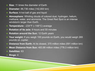  Size: 11 times the diameter of Earth

 Diameter: 88,736 miles (142,800 km)
 Surface: A hot ball of gas and liquid
 Atmosphere: Whirling clouds of colored dust, hydrogen, helium,

methane, water, and ammonia. The Great Red Spot is an intense
windstorm larger than Earth.
 Temperature: –234°F (–148°C) average
 Rotation of its axis: 9 hours and 55 minutes
 Rotation around the Sun: 12 Earth years
 Your weight: If you weigh 100 pounds on Earth, you would weigh 265

pounds on Jupiter.
 Distance from Earth: At its closest, 370 million miles (591 million km)
 Mean Distance from Sun: 483.88 million miles (778.3 million km)
 Satellites: 63
 Rings: 4

 