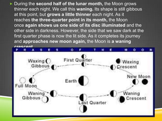  During the second half of the lunar month, the Moon grows

thinner each night. We call this waning. Its shape is still gibbous
at this point, but grows a little thinner each night. As it
reaches the three-quarter point in its month, the Moon
once again shows us one side of its disc illuminated and the
other side in darkness. However, the side that we saw dark at the
first quarter phase is now the lit side. As it completes its journey
and approaches new moon again, the Moon is a waning
crescent.

 
