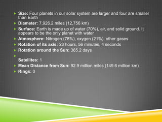  Size: Four planets in our solar system are larger and four are smaller






than Earth
Diameter: 7,926.2 miles (12,756 km)
Surface: Earth is made up of water (70%), air, and solid ground. It
appears to be the only planet with water
Atmosphere: Nitrogen (78%), oxygen (21%), other gases
Rotation of its axis: 23 hours, 56 minutes, 4 seconds
Rotation around the Sun: 365.2 days



Satellites: 1
 Mean Distance from Sun: 92.9 million miles (149.6 million km)
 Rings: 0

 