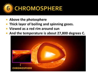  Above the photosphere
 Thick layer of boiling and spinning gases.
 Viewed as a red rim around sun
 And the temperature is about 27,800 degrees C.
CHROMOSPHERE
 