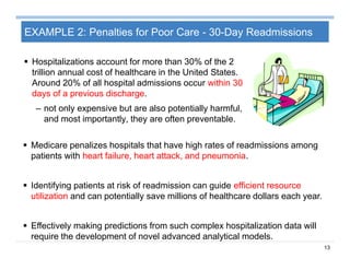 13
EXAMPLE 2: Penalties for Poor Care - 30-Day Readmissions
 Hospitalizations account for more than 30% of the 2
trillion annual cost of healthcare in the United States.
Around 20% of all hospital admissions occur within 30
days of a previous discharge.
– not only expensive but are also potentially harmful,
and most importantly, they are often preventable.
 Medicare penalizes hospitals that have high rates of readmissions among
patients with heart failure, heart attack, and pneumonia.
 Identifying patients at risk of readmission can guide efﬁcient resource
utilization and can potentially save millions of healthcare dollars each year.
 Effectively making predictions from such complex hospitalization data will
require the development of novel advanced analytical models.
 