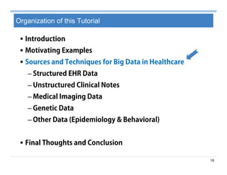 18
Organization of this Tutorial
 Introduction
 Motivating Examples
 Sources and Techniques for Big Data in Healthcare
– Structured EHR Data
– Unstructured Clinical Notes
– Medical Imaging Data
– Genetic Data
– Other Data (Epidemiology & Behavioral)
 Final Thoughts and Conclusion
 