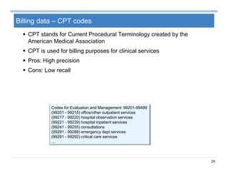 24
Billing data – CPT codes
 CPT stands for Current Procedural Terminology created by the
American Medical Association
 CPT is used for billing purposes for clinical services
 Pros: High precision
 Cons: Low recall
Codes for Evaluation and Management: 99201-99499
(99201 - 99215) office/other outpatient services
(99217 - 99220) hospital observation services
(99221 - 99239) hospital inpatient services
(99241 - 99255) consultations
(99281 - 99288) emergency dept services
(99291 - 99292) critical care services
…
 