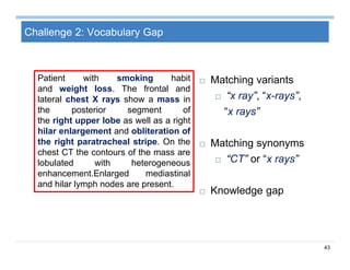 43
 Matching variants
 “x ray”, “x-rays”,
“x rays”
 Matching synonyms
 “CT” or “x rays”
 Knowledge gap
Challenge 2: Vocabulary Gap
Patient with smoking habit
and weight loss. The frontal and
lateral chest X rays show a mass in
the posterior segment of
the right upper lobe as well as a right
hilar enlargement and obliteration of
the right paratracheal stripe. On the
chest CT the contours of the mass are
lobulated with heterogeneous
enhancement.Enlarged mediastinal
and hilar lymph nodes are present.
 