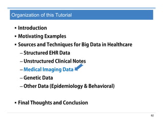 82
Organization of this Tutorial
 Introduction
 Motivating Examples
 Sources and Techniques for Big Data in Healthcare
– Structured EHR Data
– Unstructured Clinical Notes
– Medical Imaging Data
– Genetic Data
– Other Data (Epidemiology & Behavioral)
 Final Thoughts and Conclusion
 