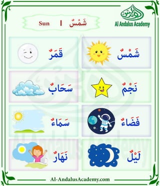 Al-AndalusAcademy.com
|
|
ٌ
‫س‬ْ‫م‬َ‫ش‬
ٌ‫م‬ْ‫ج‬َ‫ن‬
ٌ‫ء‬‫ا‬ َ‫ض‬َ‫ف‬
ٌ
‫ل‬ْ‫ي‬َ‫ل‬
ٌ‫ر‬َ‫م‬َ‫ق‬
ٌ
‫اب‬َ‫ح‬َ‫س‬
ٌ‫ء‬ َ
‫اَم‬َ‫س‬
ٌ‫ر‬‫ا‬َ‫ه‬َ‫ن‬
Sun
Sun ٌ
‫س‬ْ‫م‬َ‫ش‬
ٌ
‫س‬ْ‫م‬َ‫ش‬
 