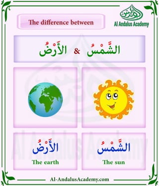 Al-AndalusAcademy.com
The difference between
The difference between
ُ
‫ض‬ْ‫ر‬َ‫أل‬‫ا‬
The earth
ُ
‫س‬ْ‫م‬ َّ‫الش‬
The sun
ُ
‫ض‬ْ‫ر‬َ‫أل‬‫ا‬ & ُ
‫س‬ْ‫م‬ َّ‫الش‬
 