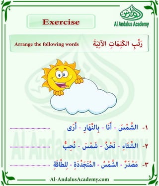 Al-AndalusAcademy.com
.................................
.................................
................................. -1
-2
-3
Arrange the following words َ‫ة‬َ‫ي‬ِ‫ت‬‫اآل‬ ِ
‫ت‬ َ
‫اَم‬ِ‫ل‬َ‫ك‬‫ال‬ ِ
‫ِّب‬‫ت‬َ‫ر‬
Exercise
Exercise
ِ‫ة‬َ‫ق‬‫ا‬َّ‫ط‬‫ل‬ِ‫ل‬ - ِ‫ة‬َ‫د‬ِّ‫د‬َ‫ج‬َ‫ت‬ُ‫م‬‫ال‬ - ُ
‫س‬ْ‫م‬َّ‫الش‬ - ٌ‫ر‬َ‫د‬ ْ‫ص‬َ‫م‬
ُّ
‫ب‬ِ‫ح‬ُ‫ن‬ - َ
‫س‬ْ‫م‬َ‫ش‬ - ُ‫ن‬ْ‫ح‬َ‫ن‬ - ِ‫ء‬‫ا‬َ‫ت‬ ِّ‫الش‬
‫ى‬َ‫ر‬َ‫أ‬ - ِ‫ر‬‫ا‬َ‫ه‬َّ‫ن‬‫ِال‬‫ب‬ - ‫َا‬‫ن‬َ‫أ‬ - َ
‫س‬ْ‫م‬ َّ‫الش‬
 