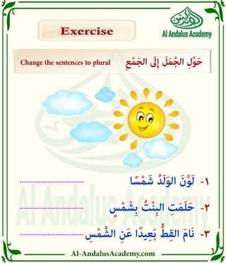 Al-AndalusAcademy.com
Exercise
Exercise
.....................................
.....................................
.....................................
-3
-2
-1
Change the sentences to plural ِ‫ع‬ْ‫م‬َ‫ج‬‫ال‬ َ
‫ىَل‬ِ‫إ‬ َ
‫ل‬َ‫م‬ُ‫ج‬‫ال‬ ِ‫ل‬ِّ‫و‬َ‫ح‬
ِ
‫س‬ْ‫م‬ َّ‫الش‬ ِ‫ن‬َ‫ع‬ ‫ا‬ً‫يد‬ِ‫ع‬َ‫ب‬ ُّ‫ط‬ِ‫ق‬‫ال‬ َ‫م‬‫َا‬‫ن‬
ٍ
‫س‬ْ‫م‬ َ‫ِش‬‫ب‬ ُ
‫ت‬ْ‫ن‬ِ‫ب‬‫ال‬ ِ
‫ت‬َ‫م‬َ‫ل‬َ‫ح‬
‫ا‬ ً‫س‬ْ‫م‬َ‫ش‬ ُ‫د‬َ‫ل‬َ‫و‬‫ال‬ َ‫ن‬َّ‫و‬َ‫ل‬
 