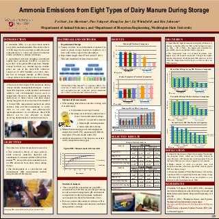 Ammonia Emissions from Eight Types of Dairy Manure During Storage
                                                           Fei     Sun1,                            Joe   Harrison 1,                Pius      Ndegwa 2,      HungSoo                                            Joo 2,             Liz                     Whitefield1,                                             and Kris       Johnson2

                                                   1Department   of Animal Sciences, and                                                  2Department           of Biosystem Engineering, Washington State University


INTRODUCTION                                                 MATERIALS AND METHODS                                                                            RESULTS                                                                                                                                                               DISCUSSION
                                                                                                                                                                                                                                                                                                                                     Anaerobically digested manure had higher pH than raw
   Ammonia (NH3) is a gas that affects natural               Experimental Design                                                                                                                            Manure pH Treatment Comparison
                                                                                                                                                                                          9.0                                                                                                                                       manure, as higher pH favors NH3 in the biological process
  ecosystems and human health. The adverse effects           Twenty-six liters of each treatment of manure was                                                                                                                                                                                                                     of NH3 + H+ ↔ NH4+, the higher pH contributed to
  of NH3 range from ecosystem acidification and               stored in plastic storage buckets in duplicate in a                                                                         8.5                                                                                                                                       greater NH3 emissions and flux than raw manure.
                                                                                                                                                                                                     a           ab            ab
  eutrophication, to odors and aerosol formation




                                                                                                                                                                Manure pH
                                                              barn, with surface open to the atmosphere.                                                                                                                                    b
                                                                                                                                                                                                                                                                                                                                     The temperature from raw manure treatments were
                                                                                                                                                                                          8.0
  which contributes to asthma in humans.                     Experiment length: June 15th to October 5th, 2012.                                                                                                                                                  c
                                                                                                                                                                                                                                                                                    d                                               higher than AD manure treatments. Though the higher
   Agricultural activities, including concentrated                     The eight treatments of dairy manure used:                                                                        7.5                                                                                                                                       manure temperature should promote NH3 emission, in this
  animal feed operations (CAFOs), account for                                                                                                                                                                                                                                                                                       study the temperature did not have an obvious effect on
                                                                                                                                                                                          7.0                                                                                                    e               e
                                                                                                                                                                                                                                                                                                                                    NH3 emission.
  up to 80% of the global NH3 emissions. Manure
  storage facilities (e.g. manure lagoon, manure                                                                                                                                          6.5
                                                                                                                                                                                                    No MTM MTM            No MTM MTM                         No MTM      MTM                    No MTM MTM
  piles) are one of the main NH3 emissions                                                                                                                                                              W/o Solids           With solids                        W/o solids                        With solids                                                   Pre and Post Mixing Average NH3 Treatment Comparison
                                                                                                                                                                                                                                                                                                                                                           40
  sources in a CAFO (Vaddella et al. 2011). Also,                                                                                                                                 Pabcde<0.06
                                                                                                                                                                                                                 AD manure                                                      Non -AD manure
                                                                                                                                                                                                                                                                                                                                                           35




                                                                                                                                                                                                                                                                                                                                      Average NH3 (ppm)
  the loss of nitrogen (mainly as NH3) during                                                                                                                                                                                                                                                                                                              30
  storage reduces the fertilizer value of manure.                                                                                                                                                   Manure Temperature Treatment Comparison                                                                                                                25
                                                                                                                                                                                                                                                                                                                                                                                                                                                                          Pre Mixing
                                                                                                                                                                                        17.0                                                                                                                                                               20     a         a            a          a
                                                                                                                                                                                                                                                                                                                                                           15          a            a        a             a
                                                                                                                                                                                                                                                                                                                                                                                                                                                                          Post Mixing




                                                                                                                                                                Manure Temp (℃)
                                                                                                                                                                                                                                                                                                                                                                                                                b               b
                                                                                                                                                                                                                                                                                        a                                                                  10
  The factors that impact NH3 emissions during                         * MTM (More Than ManureTM) is a manure additive. It is
                                                                                                                                                                                        16.5
                                                                                                                                                                                                                                                            b              b                             b                                                  5                                                           b               b          c
                                                                                                                                                                                                                                                                                                                                                                                                                                                       b
                                                                                                                                                                                                                                                                                                                                                                                                                                                             c
                                                                                                                                                                                                                                                                                                                                                                                                                                                                     b
                                                                                                                                                                                                                                                                                                                                                            0
  storage include management strategies, such as                            a mixture of maleic-itaconic copolymer partial calcium                                                      16.0
                                                                                                                                                                                                                 c         c            c
                                                                                                                                                                                                                                                                                                                                                                  No MTM MTM            No MTM      MTM        No MTM           MTM            No MTM           MTM
                                                                                                                                                                                                                                                                                                                                                                                                                                                       With solids
  anaerobic digestion, solids partition and manure                          salt and maleic-itaconic copolymer partial ammonium                                                                      d                                                                                                                                                                 W/o Solids            With solids            W/o solids


  additive, and environmental factors such as                               salt, 30-60% with total solids solution in water.                                                           15.5                                                                                                                                                               Pabc <0.03           AD manure                                       Non -AD manure

  temperature. However, the studies reporting the                                                                                                                                                                                                                                                                                                               Pre and Post Mixing NH3 Peak Treatment Comparison
  interactions of these factors and their impact                                                                                                                                        15.0
                                                                                                                                                                                                    No MTM       MTM      No MTM MTM                        No MTM MTM                  No MTM MTM                                                         40
  during long periods of storage have been limited.                Method of Measurements                                                                                                                 W/o Solids          With solids                        W/o solids               With solids




                                                                                                                                                                                                                                                                                                                                    Peak NH3 (ppm)
                                                                                                                                                                                                                                                                                                                                                           35

   Current NH3 measurement methods are either                    NH3 readings taken before and after stirring with                                                Pabcd <0.004
                                                                                                                                                                                                                 AD manure                                            Non -AD manure                                                                       30     a         a           a          a
                                                                                                                                                                                                                                                                                                                                                                       a         a           a          a
                                                                                                                                                                                                                                                                                                                                                           25
  indirect, time and labor-consuming, or costly,                  GasAlert meter                                                                                                                                                                                                                                                                           20                                                  b            b                                             Pre Mixing
                                                                                                                                                                                                          Manure pH Week Effect Comparison                                                                                                                 15                                                       b
  such as an acid trap, and photoacoustic                                    Lid installed on storage buckets                                                                                9.0
                                                                                                                                                                                                                                                                                                                                                                                                                                    b
                                                                                                                                                                                                                                                                                                                                                                                                                                                 c           c             Post Mixing
                                                                                                                                                                                                                                                                                                                 a                                         10                                                                                          b         b
  spectrophotometer. A cost-efficient, direct NH3
                                                                             Readings recorded every minute for at
                                                                                                                                                                                  Manure pH
                                                                                                                                                                                              8.5                                                                                                    b                                                      5
                                                                                                                                                                                                                                                                                            c
                                                                                                                                                                                                                                                                                    d
  detector can be very efficient in studies                                                                                                                                                   8.0
                                                                                                                                                                                                                                                                       d                                                                                    0

  involving determination of ammonia emission.                                     least 10 min until same readings                                                                                                                                          e
                                                                                                                                                                                                                                    g           f
                                                                                                                                                                                              7.5    gh
                                                                                       achieved 3 consecutive minutes                                                                                        i       hi    i                                                                                                                              Pabc <0.03
                                                                                                                                                                                              7.0
                                                                                       Manure pH and temperature                                                                                                                                                                                                                                                Pre and Post stir NH3 Flux Treatment comparison
                                                                                                                                                                                              6.5                                                                                                                                                          140
                                                                                       taken right after stirring                                                              1st 2nd 3rd 5th
                                                                                                                                                                       Estimate 7.3 7.2 7.3 7.2
                                                                                                                                                                                                                                    7th
                                                                                                                                                                                                                                    7.4
                                                                                                                                                                                                                                                8th 10th 11th 12th 13th 15th 17th
                                                                                                                                                                                                                                                7.5 7.8 8.1 8.1 8.3 8.4 8.5                                                                                120
                                                                  Manure from each storage cans were sampled and




                                                                                                                                                                                                                                                                                                                                     (µg/min/m2)
                                                                                                                                                                                  Pabcdefghi <0.06                                                                                                                                                         100    a          a          a          a
                                                                   analyzed for total N (TN), ammonium N (NH4-N),                                                                                                                                                                                                                                           80         a         ab          b          ab              c

                                                                   total solids (TS) and volatile solids (VS)                                                                                                                                                                                                                                               60
                                                                                                                                                                                                                                                                                                                                                                                                                                                                         Post Mixing


                                                                  Ambient temperature of the barn was recorded
                                                                                                                                                              SELECTED RESULTS                                                                                                                                                                              40
                                                                                                                                                                                                                                                                                                                                                                                                               b
                                                                                                                                                                                                                                                                                                                                                                                                                    c
                                                                                                                                                                                                                                                                                                                                                                                                                            b
                                                                                                                                                                                                                                                                                                                                                                                                                                    c          b
                                                                                                                                                                                                                                                                                                                                                                                                                                                       c    b
                                                                                                                                                                                                                                                                                                                                                                                                                                                                 c
                                                                                                                                                                                                                                                                                                                                                                                                                                                                         Pre Mixing



                                                                   with a temperature data logger                                                                                                                                                                                                                                                           20
OBJECTIVES                                                                                                                                                                    Manure Nutrient Analysis                                                                                                                                                       0
                                                                                                                                                                                                AD Manure
                                                                                                                                                                     Analysis                                                                                                                                                                             Pabc <0.06
  The objectives of this research are focused on                                                                                                                                    Without solids       With solids
                                                                                            Typical NH3 Measurement with GasAlert
                                                                                                                                                                                  No MTM MTM No MTM MTM
                                                                                                                                                                                                                                                                                                                                    IMPLICATION
   The interactive effects of large particle                                                                                                                 Total N (%)
                                                                                                                                                                                    0.12
                                                                                                                                                                                         b
                                                                                                                                                                                              0.12
                                                                                                                                                                                                   b
                                                                                                                                                                                                       0.13
                                                                                                                                                                                                            a
                                                                                                                                                                                                                 0.14
                                                                                                                                                                                                                      a
                                                                 NH3 concentration (ppm)




  solids removal, anaerobic digestion and
                                                                                           60
                                                                                                                                                                                                                                                                                                                                     Anaerobic digestion can break down organic N in manure
                                                                                           50                                                                 NH4-N (%)                                                                         cd                             cd                    bc                     b       into inorganic forms, which can be readily utilized by
  amendment of a manure additive (More than                                                                                                                                                                                         486                           482                       537                      567
                                                                                           40                                                                                                                                                                                                                                       crops. However, AD manure may result in greater N loss in
  manureTM), along with environmental factors                                                                                                   Pre Mixing    Total Solids (mg/kg)                                                                      d                           d                        c                  c
                                                                                           30                                                                                                                                       17459                        17950                   22760                       24085          the form of NH3 process when compared to raw manure.
  on NH3 emissions from dairy slurry during                                                                                                                   Volatile Solids (mg/kg)
                                                                                           20
                                                                                                                                                                                                                                    1199712351 16174
                                                                                                                                                                                                                                                        c
                                                                                                                                                                                                                                                         17143
                                                                                                                                                                                                                                                                                    c                        b                  b
                                                                                                                                                                                                                                                                                                                                     Higher amount of solids can preserve more total
  storage.                                                                                 10
                                                                                                                                                Post Mixing
                                                                                                                                                                                                                                                                                                                                    nitrogen in manure, which can potentially result in greater
                                                                                                                                                                                                                                         Non AD Manure
  The development of a cost-effective and                                                 0                                                                                                    Analysis                                                                                                                            NH3 loss during storage.
                                                                                                0   5     10         15         20   25   30
                                                                                                                                                                                                                                 Without solids   With solids
  instantaneous NH3 measurement method                                                                                                                                                                                          No MTM MTM No MTM MTM                                                                                The manure amendment “More Than ManureTM” did not have
                                                                                                               Time (minutes)
  using GasAlert NH3 detector.                                                                                                                                Total N (%)                                                                           d                          c                         b                  b       a significant effect on preserving N in manure during storage.
                                                                                                                                                                                                                                    0.09                          0.10                      0.12                     0.12
                                                                                                                                                              NH4-N (%)                                                                         de                             de                        a                  a        The GasAlert® NH3 detector can be adopted as a cost-
                                                                                                                                                                                                                                    403                           416                       649                       653
                                                                                                                                                                                                                                                                                                                                    effective tool for determination of NH3.
                                                                                                                                                              Total Solids (mg/kg)                                                                      e                           d                        b                  a
                                                                                                                                                                                                                                    14371                        17248                  35154                        36578
                                                                    Statistical Analysis                                                                      Volatile Solids (mg/kg)                                                               d                               c                        a                  c   REFERENCES
                                                                                                                                                                                                                                    8777                         10997                   27314                       11997
                                                                   The average NH3 concentrations, peak NH3                                                  Pabcde <0.05                                                                                                                                                          Vaddella, V., Ndegwa, P., & Joo, H.S. (2011). Ammonia
                                                                   concentrations, NH3 flux for pre and post mixing,                                                                                                                                                                                                                loss from simulated post-collection storage of scraped and
                                                                   as well as manure temperature, pH and nutrient                                                                                                                                                                                                                   flushed dairy-cattle manure. Biosystem Engineering, 110,
                                                                   compositions for the right manure treatments                                                                                                                                                                                                                     291-296.
                                                                   were analyzed in SAS (SAS Institute, 2012).
                                                                                                                                                                                                                                                                                                                                    WSDA. (2011). Washington Dairies And Digesters.
                                                                  Data was statistically analyzed with use of Proc                                                                                                                                                                                                                 Washington State Department of Agriculture.
                                                                   Mixed of SAS with repeated measures and linear                                                                                                                                                                                                                    http://agr.wa.gov/FP/Pubs/docs/343-WashingtonDairiesAndDigesters-
                                                                   and quadratic contrasts                                                                                                                                                                                                                                           web.pdf

Obtaining NH3 concentration readings from manure buckets                                                                                                                                                                                                                                                                            Special thanks to Specialty Fertilizer Products (SFP), LLC
                                                                                                                                                                                                                                                                                                                                    for financial support
                                                                                                                                                                                                                                                                                                                                                                                                                                            Template provided by: “posters4research.com”
 