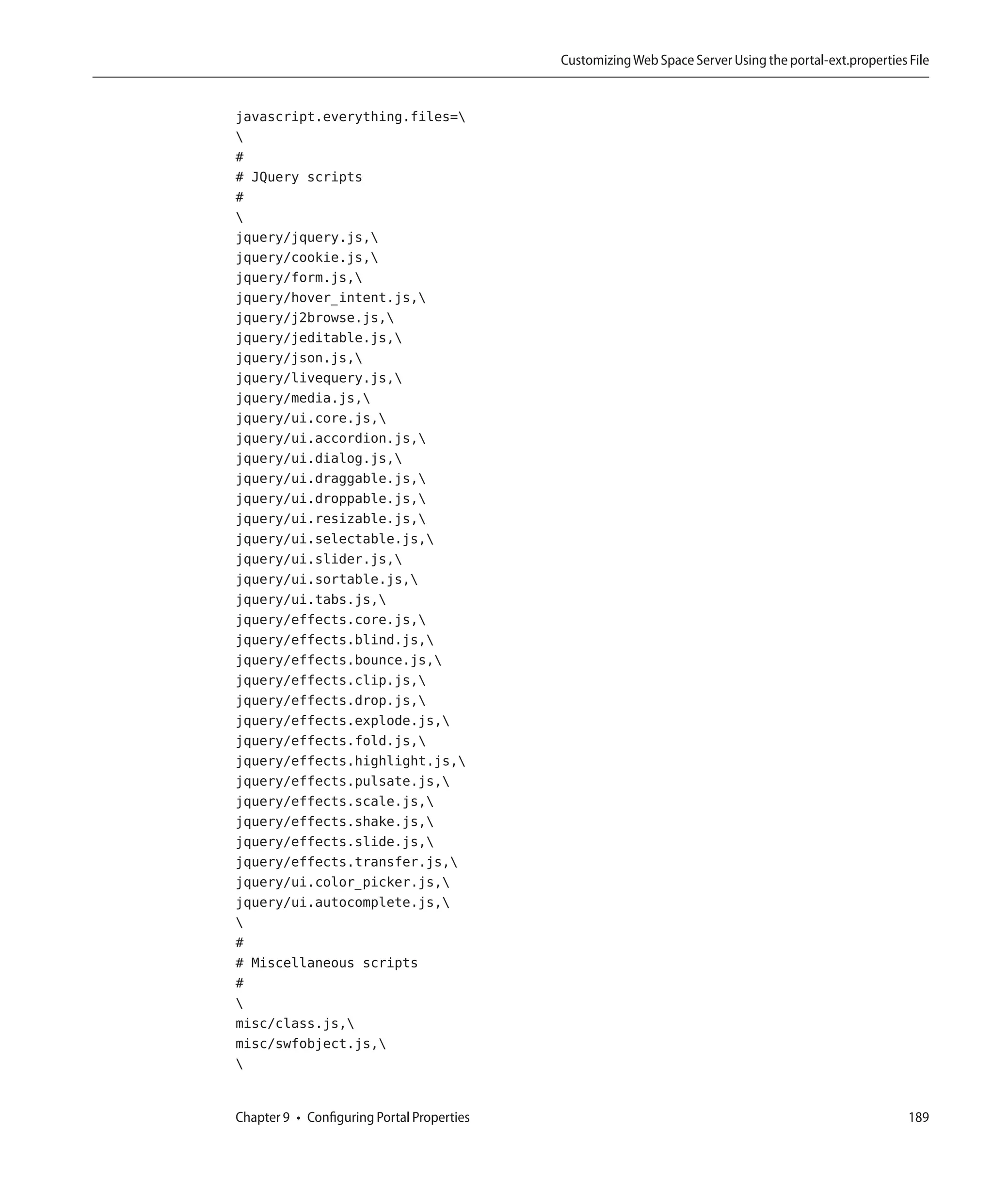 Customizing Web Space Server Using the portal-ext.properties File


javascript.everything.files=

#
# JQuery scripts
#

jquery/jquery.js,
jquery/cookie.js,
jquery/form.js,
jquery/hover_intent.js,
jquery/j2browse.js,
jquery/jeditable.js,
jquery/json.js,
jquery/livequery.js,
jquery/media.js,
jquery/ui.core.js,
jquery/ui.accordion.js,
jquery/ui.dialog.js,
jquery/ui.draggable.js,
jquery/ui.droppable.js,
jquery/ui.resizable.js,
jquery/ui.selectable.js,
jquery/ui.slider.js,
jquery/ui.sortable.js,
jquery/ui.tabs.js,
jquery/effects.core.js,
jquery/effects.blind.js,
jquery/effects.bounce.js,
jquery/effects.clip.js,
jquery/effects.drop.js,
jquery/effects.explode.js,
jquery/effects.fold.js,
jquery/effects.highlight.js,
jquery/effects.pulsate.js,
jquery/effects.scale.js,
jquery/effects.shake.js,
jquery/effects.slide.js,
jquery/effects.transfer.js,
jquery/ui.color_picker.js,
jquery/ui.autocomplete.js,

#
# Miscellaneous scripts
#

misc/class.js,
misc/swfobject.js,



Chapter 9 • Configuring Portal Properties                                                                189
 