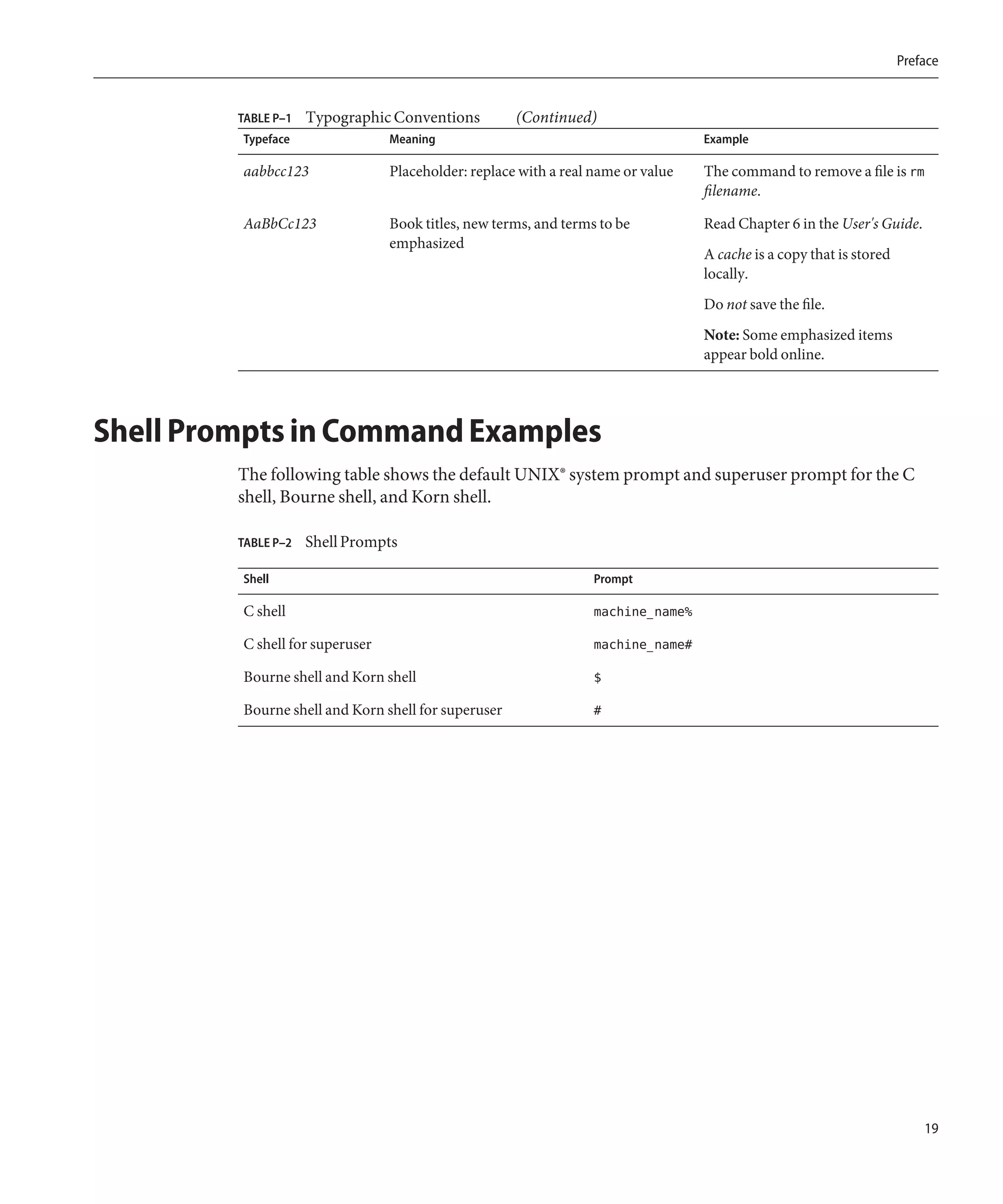 Preface


         TABLE P–1   Typographic Conventions         (Continued)
         Typeface                Meaning                                          Example

         aabbcc123               Placeholder: replace with a real name or value   The command to remove a file is rm
                                                                                  filename.

         AaBbCc123               Book titles, new terms, and terms to be          Read Chapter 6 in the User's Guide.
                                 emphasized
                                                                                  A cache is a copy that is stored
                                                                                  locally.
                                                                                  Do not save the file.
                                                                                  Note: Some emphasized items
                                                                                  appear bold online.




Shell Prompts in Command Examples
         The following table shows the default UNIX® system prompt and superuser prompt for the C
         shell, Bourne shell, and Korn shell.

         TABLE P–2   Shell Prompts

         Shell                                                    Prompt

         C shell                                                  machine_name%

         C shell for superuser                                    machine_name#

         Bourne shell and Korn shell                              $

         Bourne shell and Korn shell for superuser                #




                                                                                                                         19
 