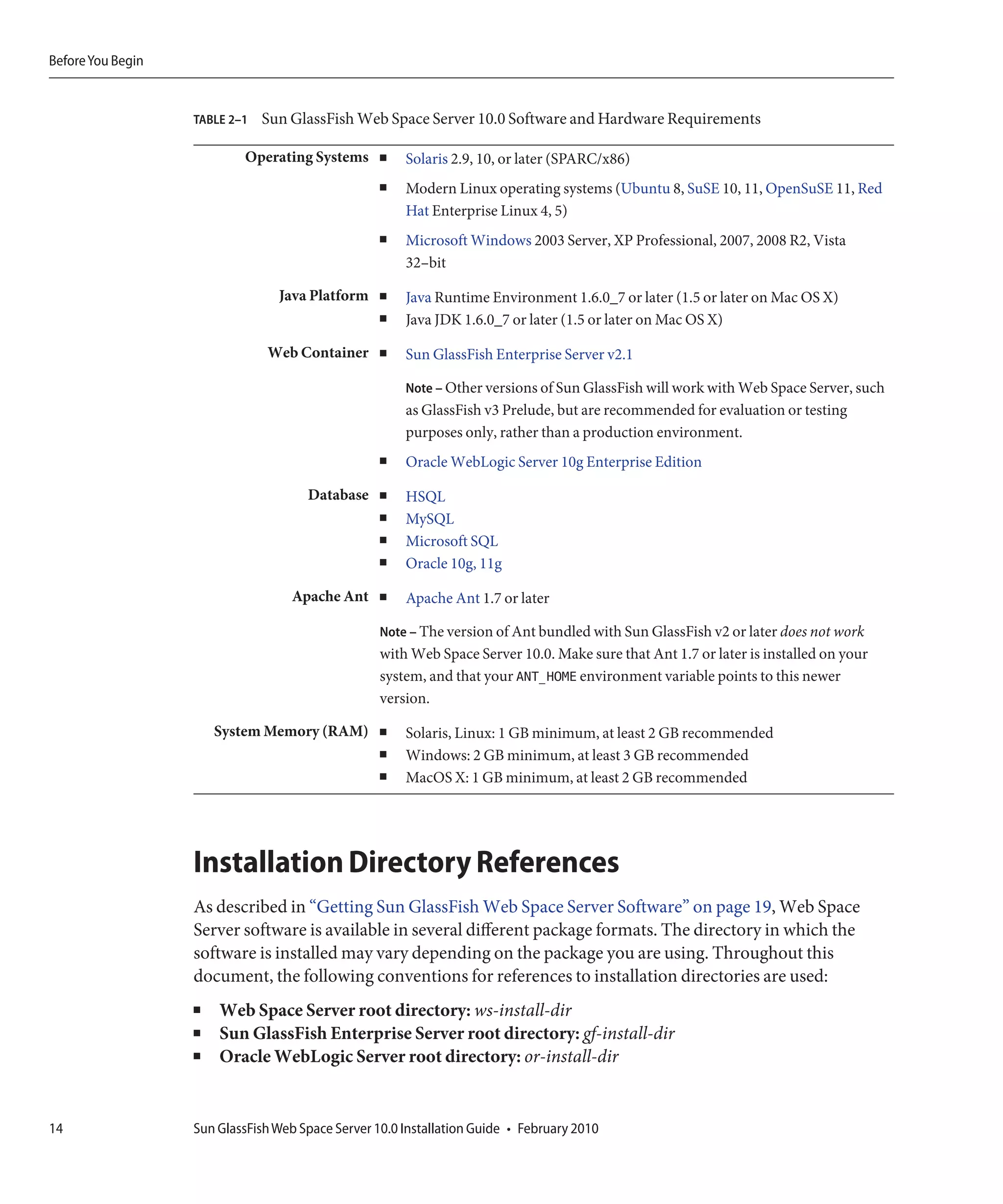 Before You Begin


                   TABLE 2–1   Sun GlassFish Web Space Server 10.0 Software and Hardware Requirements

                           Operating Systems       ■   Solaris 2.9, 10, or later (SPARC/x86)
                                                   ■   Modern Linux operating systems (Ubuntu 8, SuSE 10, 11, OpenSuSE 11, Red
                                                       Hat Enterprise Linux 4, 5)
                                                   ■   Microsoft Windows 2003 Server, XP Professional, 2007, 2008 R2, Vista
                                                       32–bit

                                 Java Platform     ■   Java Runtime Environment 1.6.0_7 or later (1.5 or later on Mac OS X)
                                                   ■   Java JDK 1.6.0_7 or later (1.5 or later on Mac OS X)

                               Web Container       ■   Sun GlassFish Enterprise Server v2.1

                                                       Note – Other versions of Sun GlassFish will work with Web Space Server, such
                                                       as GlassFish v3 Prelude, but are recommended for evaluation or testing
                                                       purposes only, rather than a production environment.
                                                   ■   Oracle WebLogic Server 10g Enterprise Edition

                                      Database     ■   HSQL
                                                   ■   MySQL
                                                   ■   Microsoft SQL
                                                   ■   Oracle 10g, 11g

                                   Apache Ant      ■   Apache Ant 1.7 or later

                                                   Note – The version of Ant bundled with Sun GlassFish v2 or later does not work
                                                   with Web Space Server 10.0. Make sure that Ant 1.7 or later is installed on your
                                                   system, and that your ANT_HOME environment variable points to this newer
                                                   version.

                       System Memory (RAM)         ■   Solaris, Linux: 1 GB minimum, at least 2 GB recommended
                                                   ■   Windows: 2 GB minimum, at least 3 GB recommended
                                                   ■   MacOS X: 1 GB minimum, at least 2 GB recommended




                   Installation Directory References
                   As described in “Getting Sun GlassFish Web Space Server Software” on page 19, Web Space
                   Server software is available in several different package formats. The directory in which the
                   software is installed may vary depending on the package you are using. Throughout this
                   document, the following conventions for references to installation directories are used:
                   ■   Web Space Server root directory: ws-install-dir
                   ■   Sun GlassFish Enterprise Server root directory: gf-install-dir
                   ■   Oracle WebLogic Server root directory: or-install-dir


14                 Sun GlassFish Web Space Server 10.0 Installation Guide • February 2010
 