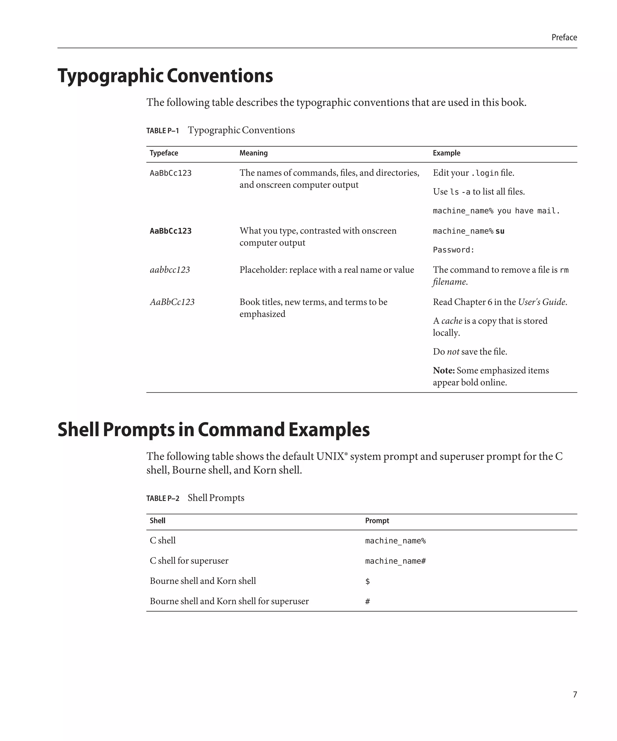 Preface



Typographic Conventions
         The following table describes the typographic conventions that are used in this book.

         TABLE P–1   Typographic Conventions

         Typeface                Meaning                                          Example

         AaBbCc123               The names of commands, files, and directories,   Edit your .login file.
                                 and onscreen computer output
                                                                                  Use ls -a to list all files.
                                                                                  machine_name% you have mail.

         AaBbCc123               What you type, contrasted with onscreen          machine_name% su
                                 computer output
                                                                                  Password:

         aabbcc123               Placeholder: replace with a real name or value   The command to remove a file is rm
                                                                                  filename.

         AaBbCc123               Book titles, new terms, and terms to be          Read Chapter 6 in the User's Guide.
                                 emphasized
                                                                                  A cache is a copy that is stored
                                                                                  locally.
                                                                                  Do not save the file.
                                                                                  Note: Some emphasized items
                                                                                  appear bold online.




Shell Prompts in Command Examples
         The following table shows the default UNIX® system prompt and superuser prompt for the C
         shell, Bourne shell, and Korn shell.

         TABLE P–2   Shell Prompts

         Shell                                                    Prompt

         C shell                                                  machine_name%

         C shell for superuser                                    machine_name#

         Bourne shell and Korn shell                              $

         Bourne shell and Korn shell for superuser                #




                                                                                                                          7
 