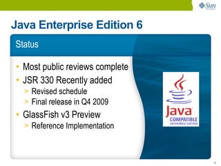 Java Enterprise Edition 6
Status

• Most public reviews complete
• JSR 330 Recently added
  > Revised schedule
  > Final release in Q4 2009
• GlassFish v3 Preview
  > Reference Implementation



                                 15
 