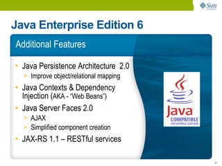 Java Enterprise Edition 6
Additional Features

• Java Persistence Architecture 2.0
  > Improve object/relational mapping
• Java Contexts & Dependency
  Injection (AKA - “Web Beans”)
• Java Server Faces 2.0
  > AJAX
  > Simplified component creation
• JAX-RS 1.1 – RESTful services

                                        22
 