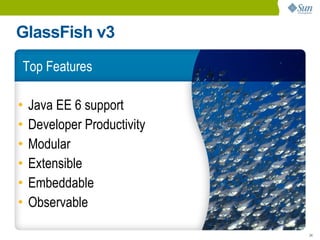 GlassFish v3
Top Features

•   Java EE 6 support
•   Developer Productivity
•   Modular
•   Extensible
•   Embeddable
•   Observable

                             24
 