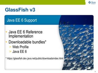 GlassFish v3
 Java EE 6 Support

• Java EE 6 Reference
  Implementation
• Downloadable bundles*
   > Web Profile
   > Java EE 6
* https://glassfish.dev.java.net/public/downloadsindex.html



                                                              25
 