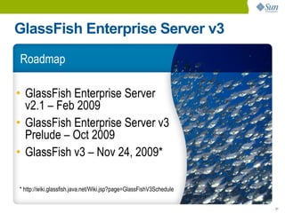 GlassFish Enterprise Server v3
Roadmap

• GlassFish Enterprise Server
  v2.1 – Feb 2009
• GlassFish Enterprise Server v3
  Prelude – Oct 2009
• GlassFish v3 – Nov 24, 2009*

* http://wiki.glassfish.java.net/Wiki.jsp?page=GlassFishV3Schedule

                                                                     31
 