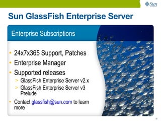 Sun GlassFish Enterprise Server
 Enterprise Subscriptions

• 24x7x365 Support, Patches
• Enterprise Manager
• Supported releases
  > GlassFish Enterprise Server v2.x
  > GlassFish Enterprise Server v3
    Prelude
• Contact glassfish@sun.com to learn
  more
                                       33
 