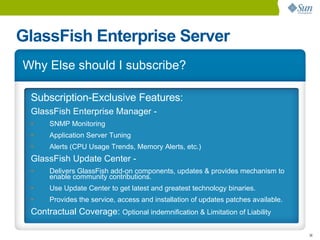 GlassFish Enterprise Server
Why Else should I subscribe?

 Subscription-Exclusive Features:
 GlassFish Enterprise Manager -
 •    SNMP Monitoring
 •    Application Server Tuning
 •    Alerts (CPU Usage Trends, Memory Alerts, etc.)
 GlassFish Update Center -
 •    Delivers GlassFish add-on components, updates & provides mechanism to
      enable community contributions.
 •    Use Update Center to get latest and greatest technology binaries.
 •    Provides the service, access and installation of updates patches available.
 Contractual Coverage: Optional indemnification & Limitation of Liability

                                                                                    36
 