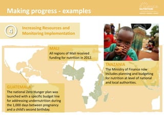 • Slide 4 – Why Nutrition The Facts: UNICEF-WHO-The World Bank: Joint child malnutrition estimates -
Levels and trends. Global Database on Child Growth and Malnutrition
• Slide 6 – A Smart Investment: Lawrence Haddad. Child Growth=Sustainable Economic Growth: Why
we should invest in Nutrition. May 2013
• Slide 7- Experts Agree: Copenhagen Consensus: Solving the world’s challenges. May 2012
• Slides 31- SUN Countries’ success in reducing stunting: The number of countries with AARRs greater
than 2% is calculated based on historical data from 2000 to beginning of 2014. This figure is currently
under review, and the new number will be reported once the reanalysis of latest available data is
finished.
The SUN Movement Secretariat is supported by Canada, France, Germany, Ireland, the Netherlands, the
United Kingdom and the European Union.
How has stunting been reduced?References and Technical Notes
April 2014
 