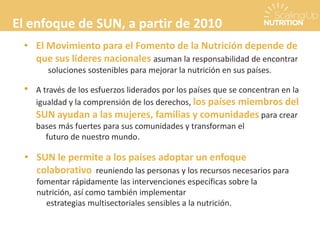 El enfoque de SUN, a partir de 2010
• El Movimiento para el Fomento de la Nutrición depende de
que sus líderes nacionales asuman la responsabilidad de encontrar
soluciones sostenibles para mejorar la nutrición en sus países.
• A través de los esfuerzos liderados por los países que se concentran en la
igualdad y la comprensión de los derechos, los países miembros del
SUN ayudan a las mujeres, familias y comunidades para crear
bases más fuertes para sus comunidades y transforman el
futuro de nuestro mundo.
• SUN le permite a los países adoptar un enfoque
colaborativo reuniendo las personas y los recursos necesarios para
fomentar rápidamente las intervenciones específicas sobre la
nutrición, así como también implementar
estrategias multisectoriales sensibles a la nutrición.
 