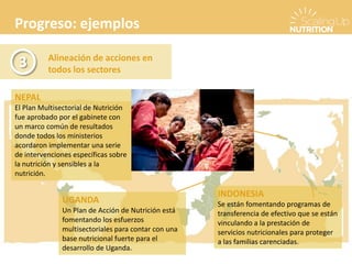 Progreso: ejemplos
Alineación de acciones en
todos los sectores
3
NEPAL
El Plan Multisectorial de Nutrición
fue aprobado por el gabinete con
un marco común de resultados
donde todos los ministerios
acordaron implementar una serie
de intervenciones específicas sobre
la nutrición y sensibles a la
nutrición.
UGANDA
Un Plan de Acción de Nutrición está
fomentando los esfuerzos
multisectoriales para contar con una
base nutricional fuerte para el
desarrollo de Uganda.
INDONESIA
Se están fomentando programas de
transferencia de efectivo que se están
vinculando a la prestación de
servicios nutricionales para proteger
a las familias carenciadas.
 
