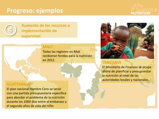 Progreso: ejemplos
Aumento de los recursos e
implementación de
supervisor
4
GUATEMALA
El plan nacional Hambre Cero se lanzó
con una partida presupuestaria específica
para abordar el problema de la nutrición
durante los 1000 días entre el embarazo y
el segundo años de vida del niño.
MALÍ
Todas las regiones en Malí
recibieron fondos para la nutrición
en 2012.
TANZANIA
El Ministerio de Finanzas se ocupa
ahora de planificar y presupuestar
la nutrición al nivel de las
autoridades locales y nacionales.
 