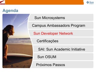 Agenda Sun Developer Network Sun Microsystems Campus Ambassadors Program Certificações SAI: Sun Academic Initiative Sun OSUM Próximos Passos 
