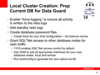 Local Cluster Creation: Prep Current DB for Data Guard Enable “force logging” to ensure all activity  is written to the redo logs Add standby redo logs Create database password files Create them for your final configuration – all instance names Grant SQL*Net access to other database nodes for redo traffic 11i10 enables SQL*Net access control by default Use OAM to add all appropriate interfaces for your new database nodes, local and remote Run AutoConfig to generate the new sqlnet.ora file Single Node  RAC Configuration 