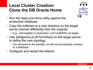 Local Cluster Creation: Clone the DB Oracle Home Run the Apps pre-clone utility against the  production database Copy the software to a new directory on the target server (named differently than the original) E.g., /u01/appltop in production; /u01/visdbRAC on target Use  adcfgclone.pl dbTechStack  on the target server, to define the new topology You will point to the standby, so will not successfully connect to a database Configure and restart the listener Single Node  RAC Configuration 