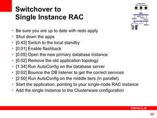 Switchover to Single Instance RAC Be sure you are up to date with redo apply Shut down the apps [0:43] Switch to the local standby [0:01] Enable flashback [0:05] Open the new primary database instance [0:02] Remove the old application topology [1:34] Run AutoConfig on the database server [0:02] Bounce the DB listener to get the correct services [2:50] Run AutoConfig on the middle tiers (in parallel) Start the application, pointing to your single-node RAC instance Add the single instance to the Clusterware configuration Single Node  RAC Configuration 