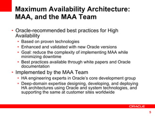 Maximum Availability Architecture:  MAA, and the MAA Team Oracle-recommended best practices for High Availability Based on proven technologies Enhanced and validated with new Oracle versions Goal: reduce the complexity of implementing MAA while minimizing downtime Best practices available through white papers and Oracle documentation Implemented by the MAA Team HA engineering experts in Oracle’s core development group Deep-domain expertise designing, developing, and deploying HA architectures using Oracle and system technologies, and supporting the same at customer sites worldwide 