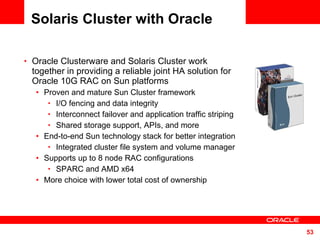 Solaris Cluster with Oracle Oracle Clusterware and Solaris Cluster work together in providing a reliable joint HA solution for Oracle 10G RAC on Sun platforms Proven and mature Sun Cluster framework I/O fencing and data integrity Interconnect failover and application traffic striping Shared storage support, APIs, and more End-to-end Sun technology stack for better integration Integrated cluster file system and volume manager Supports up to 8 node RAC configurations SPARC and AMD x64 More choice with lower total cost of ownership 