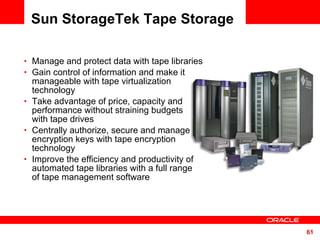 Sun StorageTek Tape Storage Manage and protect data with tape libraries Gain control of information and make it manageable with tape virtualization technology Take advantage of price, capacity and performance without straining budgets  with tape drives Centrally authorize, secure and manage encryption keys with tape encryption technology Improve the efficiency and productivity of automated tape libraries with a full range  of tape management software 