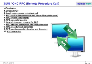 © Peter R. Egli 2015
1/20
Rev. 2.00
SUN / ONC RPC (Remote Procedure Call) indigoo.com
Peter R. Egli
INDIGOO.COM
OVERVIEW OF ONC RPC, AN
RPC TECHNOLOGY FOR UNIX BASED SYSTEMS
ONC RPCOPEN NETWORK COMPUTING
REMOTE PROCEDURE CALL
 