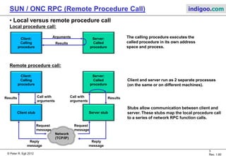 © Peter R. Egli 2015
3/20
Rev. 2.00
SUN / ONC RPC (Remote Procedure Call) indigoo.com
1. What is RPC?
RPC is an extension of conventional procedure calls:
RPC allows a client application to call procedures in a different address space on the same or
on a remote machine (= transfer of control and data to a different address space and process).
RPC as middleware for traditional client – server programming:
RPC extends sockets with remote procedure call semantics. RPC allows an application to call
a remote procedure just as it were a local procedure (location transparency).
Different flavors of RPC:
1. SUN-RPC (= ONC RPC):
ONC RPC = Open Network Computing RPC. Initially developed by Sun Microsystems.
First widely adopted RPC implementation.
Standards: RFC4506 XDR (Data presentation), RFC1057 RPC protocol specification.
2. DCE/RPC:
Distributed Computing Environment RPC by OSF (Open Software Foundation).
Not widely adopted by the IT industry.
3. MS RPC:
Microsoft’s extension of DCE/RPC.
 