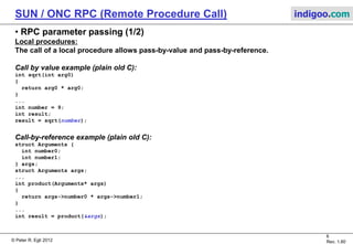 © Peter R. Egli 2015
6/20
Rev. 2.00
SUN / ONC RPC (Remote Procedure Call) indigoo.com
4. RPC system components
Main RPC components:
The client stub is a proxy object that passes calls to the server stub. The message modules
pack and unpack the marshaled arguments in UDP packets.
Client:
Calling
procedure
Server:
Called
procedure
Client stub Server stub
Network
(TCP/IP)
Request
message
Request
message
Reply
message
Reply
message
Results Results
Message module
Portmapper with
Message module
Results Results
Client stub: Pack arguments (marshal)
Server Stub: Unpack arguments (unmarshal)
Message modules: Send & receive RPC messages.
The portmapper runs as a daemon process (listener
process).
Server daemon
Call with
arguments
Call with
arguments
Call with
arguments
Call with
arguments
 