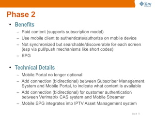 Phase 2 Benefits Paid content (supports subscription model) Use mobile client to authenticate/authorize on mobile device Not synchronized but searchable/discoverable for each screen (esp via pull/push mechanisms like short codes) EPG Technical Details Mobile Portal no longer optional Add connection (bidirectional) between Subscriber Management System and Mobile Portal, to indicate what content is available  Add connection (bidirectional) for customer authentication between Verimatrix CAS system and Mobile Streamer Mobile EPG integrates into IPTV Asset Management system 