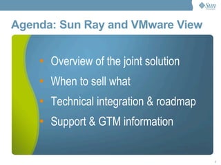 Agenda: Sun Ray and VMware View Overview of the joint solution When to sell what Technical integration & roadmap  Support & GTM information 