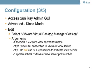 Configuration (3/5) Access Sun Ray Admin GUI Advanced - Kiosk Mode  Edit Select “VMware Virtual Desktop Manager Session” Arguments -s <server> : VMware View server hostname -https : Use SSL connection to VMware View server  -http : Do  not  use SSL connection to VMware View server -p <port number> : VMware View server port number 