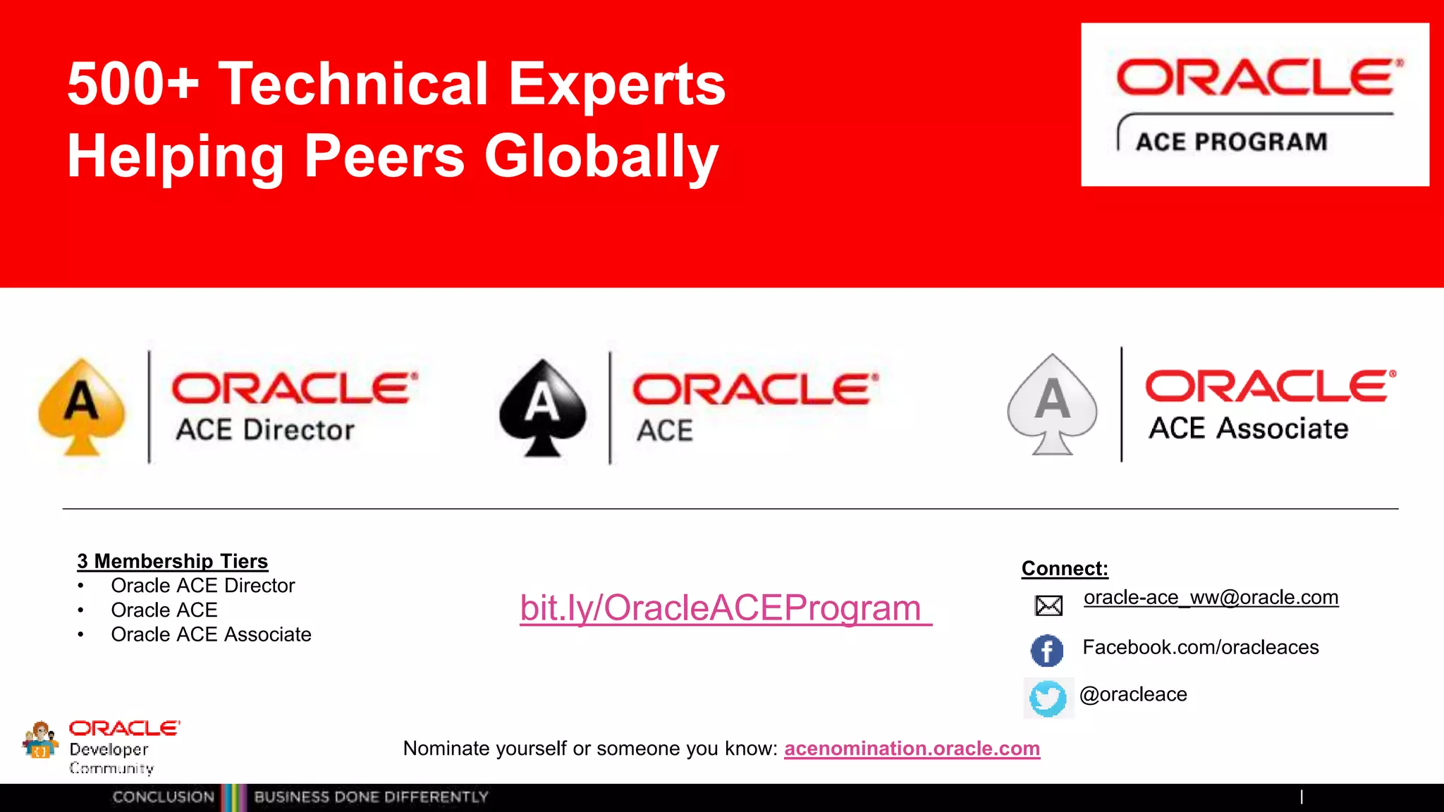 3 Membership Tiers
• Oracle ACE Director
• Oracle ACE
• Oracle ACE Associate
bit.ly/OracleACEProgram
500+ Technical Experts
Helping Peers Globally
Connect:
Nominate yourself or someone you know: acenomination.oracle.com
@oracleace
Facebook.com/oracleaces
oracle-ace_ww@oracle.com
 