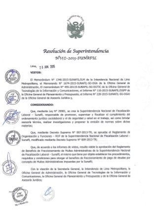 Sunafil - RS N° 110-2015 - Reglamento del Beneficio de Fraccionamiento de Multas Administrativas de la SUNAFIL