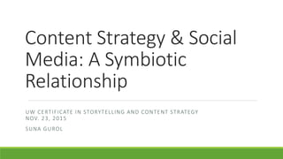 Content Strategy & Social
Media: A Symbiotic
Relationship
UW CERTIFICATE IN STORYTELLING AND CONTENT STRATEGY
NOV. 23, 2015
SUNA GUROL
 