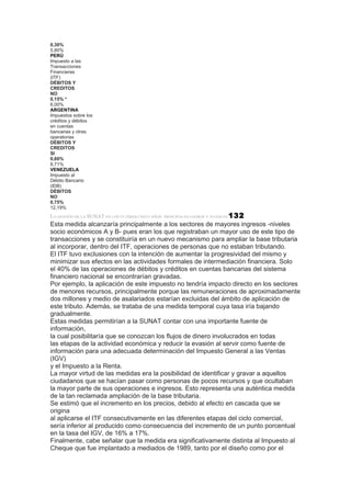 0,30%
5,80%
PERÚ
Impuesto a las
Transacciones
Financieras
(ITF)
DÉBITOS Y
CREDITOS
NO
0,15% *
6,00%
ARGENTINA
Impuestos sobre los
créditos y débitos
en cuentas
bancarias y otras
operatorias
DÉBITOS Y
CREDITOS
SI
0,60%
8,71%
VENEZUELA
Impuesto al
Débito Bancario
(IDB)
DÉBITOS
NO
0,75%
12,19%
LA GESTIÓN DE LA SUNAT EN LOS ÚLTIMOS CINCO AÑOS: PRINCIPALES LOGROS Y AVANCES 132
Esta medida alcanzaría principalmente a los sectores de mayores ingresos -niveles
socio económicos A y B- pues eran los que registraban un mayor uso de este tipo de
transacciones y se constituiría en un nuevo mecanismo para ampliar la base tributaria
al incorporar, dentro del ITF, operaciones de personas que no estaban tributando.
El ITF tuvo exclusiones con la intención de aumentar la progresividad del mismo y
minimizar sus efectos en las actividades formales de intermediación financiera. Solo
el 40% de las operaciones de débitos y créditos en cuentas bancarias del sistema
financiero nacional se encontrarían gravadas.
Por ejemplo, la aplicación de este impuesto no tendría impacto directo en los sectores
de menores recursos, principalmente porque las remuneraciones de aproximadamente
dos millones y medio de asalariados estarían excluidas del ámbito de aplicación de
este tributo. Además, se trataba de una medida temporal cuya tasa iría bajando
gradualmente.
Estas medidas permitirían a la SUNAT contar con una importante fuente de
información,
la cual posibilitaría que se conozcan los flujos de dinero involucrados en todas
las etapas de la actividad económica y reducir la evasión al servir como fuente de
información para una adecuada determinación del Impuesto General a las Ventas
(IGV)
y el Impuesto a la Renta.
La mayor virtud de las medidas era la posibilidad de identificar y gravar a aquellos
ciudadanos que se hacían pasar como personas de pocos recursos y que ocultaban
la mayor parte de sus operaciones e ingresos. Esto representa una auténtica medida
de la tan reclamada ampliación de la base tributaria.
Se estimó que el incremento en los precios, debido al efecto en cascada que se
origina
al aplicarse el ITF consecutivamente en las diferentes etapas del ciclo comercial,
sería inferior al producido como consecuencia del incremento de un punto porcentual
en la tasa del IGV, de 16% a 17%.
Finalmente, cabe señalar que la medida era significativamente distinta al Impuesto al
Cheque que fue implantado a mediados de 1989, tanto por el diseño como por el
 
