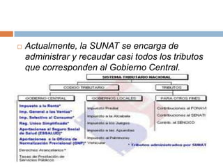  Actualmente, la SUNAT se encarga de
administrar y recaudar casi todos los tributos
que corresponden al Gobierno Central.
 