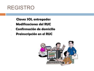 REGISTRO
i. Claves SOL entregadas
ii. Modificaciones del RUC
iii. Confirmación de domicilio
iv. Preinscripción en el RUC
 